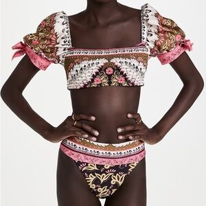 Agua Bendita Lilith Antique Patterned Puff-Sleeve Bikini Set in Pink